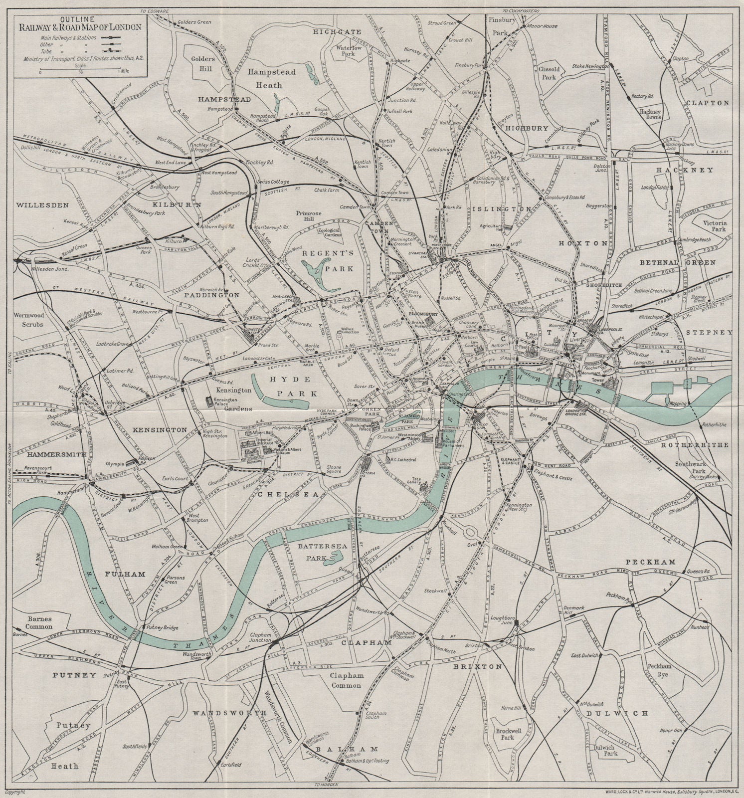 CENTRAL LONDON RAILWAY & ROAD MAP. Underground tube. WARD LOCK 1933 old
